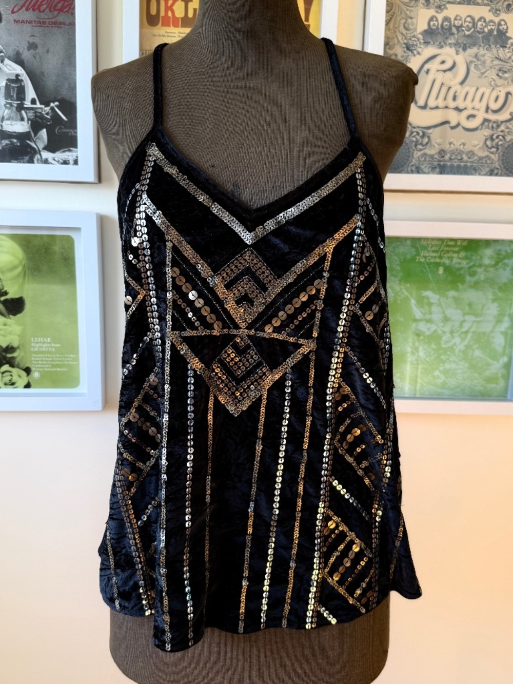 🖤 Vintage Y2K Black Velvet Sequin Cami — Gold & Silver Art Deco Embellished